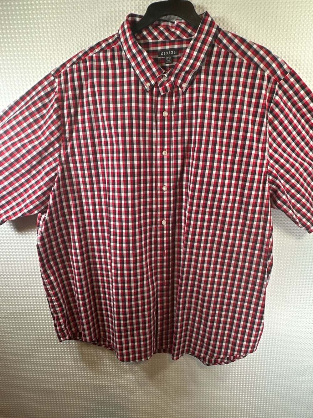 George Men's 3XL Short Sleeve Brilliant Red Navy Check Button Down Shirt
